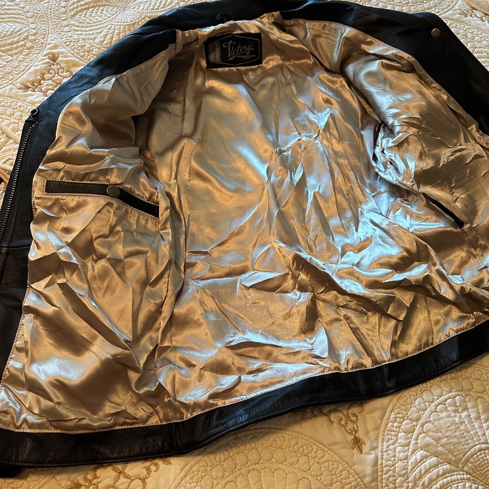 Pure Victory Black Leather Jacket with White embroidered Detailing - Picture 8 of 16